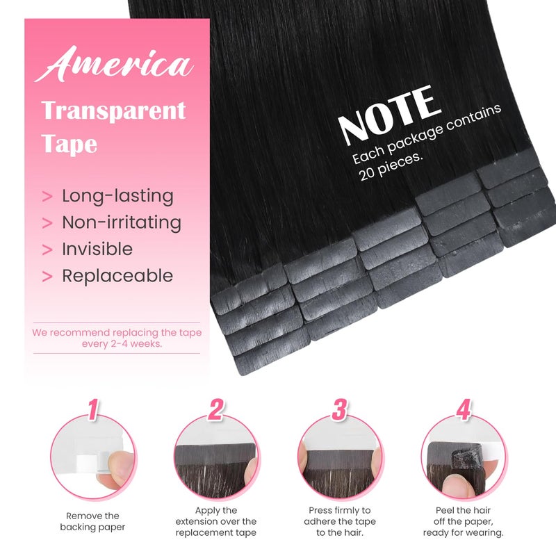 Aison Natural Black Tape in Hair Extensions Human Hair 16 Inches 30g 20 Pcs/Pack Hair Extensions Tape in - Image 4